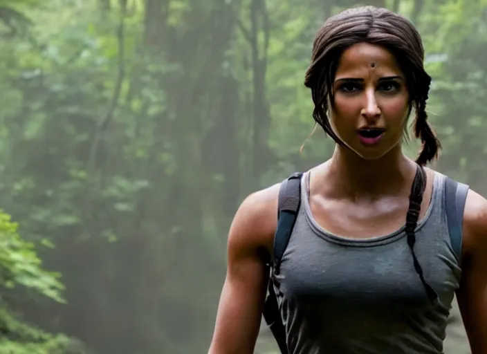 Image similar to film still of!!!! naomi scott!!! as lara croft in new tomb raider movie, 8 k