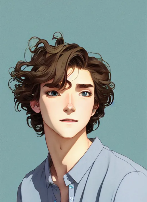 Image similar to young man with medium - length, curly, golden hair, perfectly proportioned face, aquamarine eyes, sweet smile, natural lighting, path traced, highly detailed, high quality, cartoon, digital painting, by new haicheng and studio ghibli and alphonse mucha