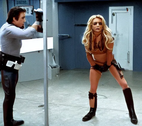 Prompt: a movie still of britney spears as a cuffed prisoner in the movie star wars