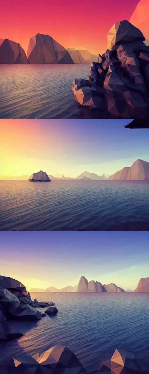 Image similar to super detailed color lowpoly art, northern sunset with rocks on front, monochrome photorealistic bay in the middle of perspective and mountains at background, big graphic ship in random point of bay, unreal engine, high contrast color palette, 3 d render, lowpoly, colorful, digital art, perspective, robb cobb