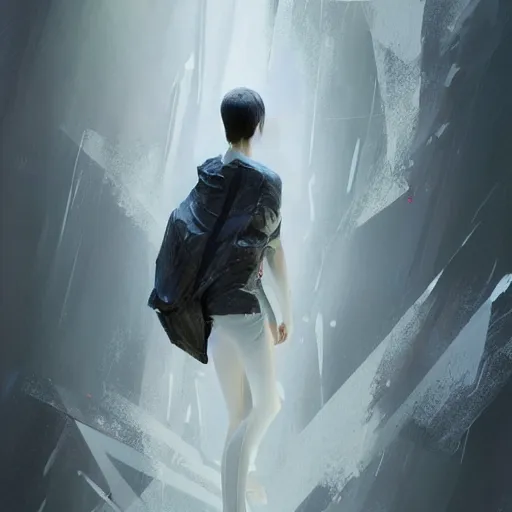 Prompt: glitch! art humanoid with smooth hair floating! in a white liminal space, full body!, detailed hyperrealistic concept art illustration by Greg rutkowski, smeared acrylic paint