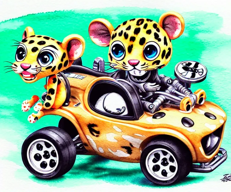 Image similar to cute and funny, baby leopard riding in a tiny go kart with oversized engine, ratfink style by ed roth, centered award winning watercolor pen illustration, isometric illustration by chihiro iwasaki, edited by range murata, tiny details by artgerm and watercolor girl, symmetrically isometrically centered