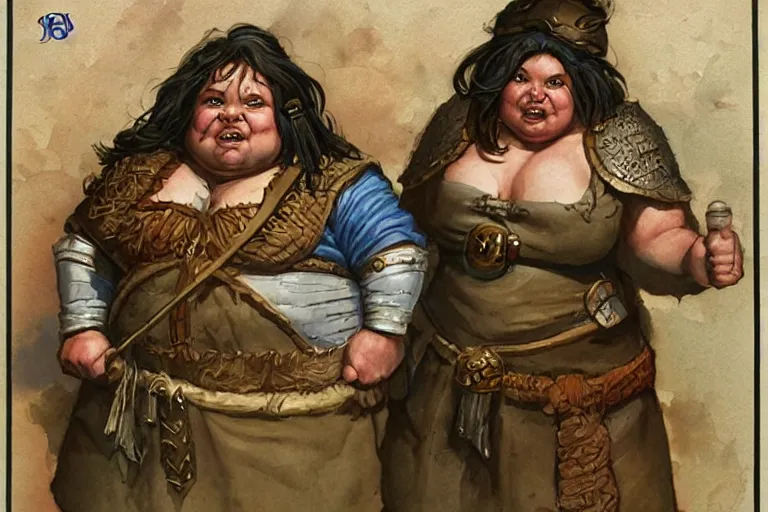 Prompt: a hearty chubby female dwarven cook with big nose and plump rosy cheeks in a kitchen| she is short and stocky | cheerful atmosphere | dungeons and dragons | Jeff easley, larry elmore, ralph horsley