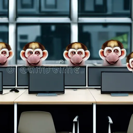 Prompt: 2 5 monkeys using computers, in a well lit office, happy monkey faces, ( ( modern paintings on the walls ) ), photorealistic, studio lighting, stock photo, a real buzz, very busy office, telephones ringing and people chatting