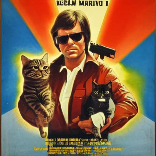 Image similar to movie poster for a 7 0 s s action film where the main character is a cat holding a gun, high detail portraits