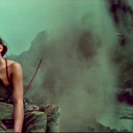 Image similar to film still, extreme far view, emma watson vietnam door gunner, film still from apocalypse now ( 1 9 7 9 ), 2 6 mm, kodak ektachrome, blue tint expired film,