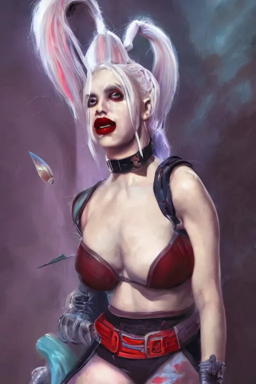 Image similar to a full body high detail fantasy portrait oil painting illustration of harley quinn by justin sweet with face and body clearly visible, in a scenic background, pretty eyes, realistic proportions, d & d, rpg, forgotten realms, artstation trending, high quality, sombre mood, artstation trending, muted colours, entire person visible!