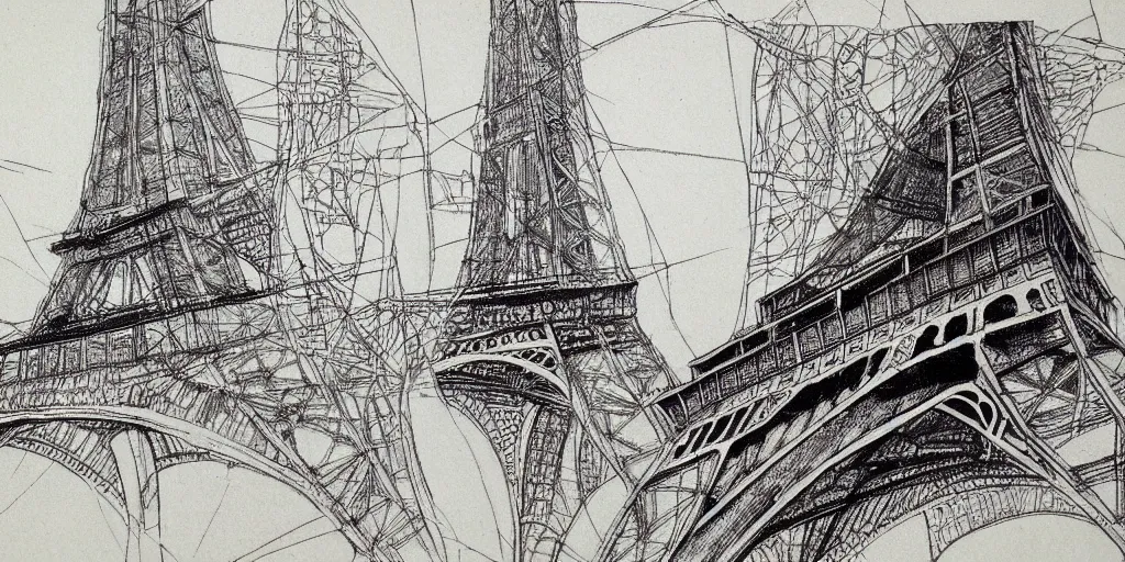 Image similar to architectural design studies of Eiffel Tower, different closeup view, drawn by Leonardo da vinci, ink and pen draw, artistic, intricated