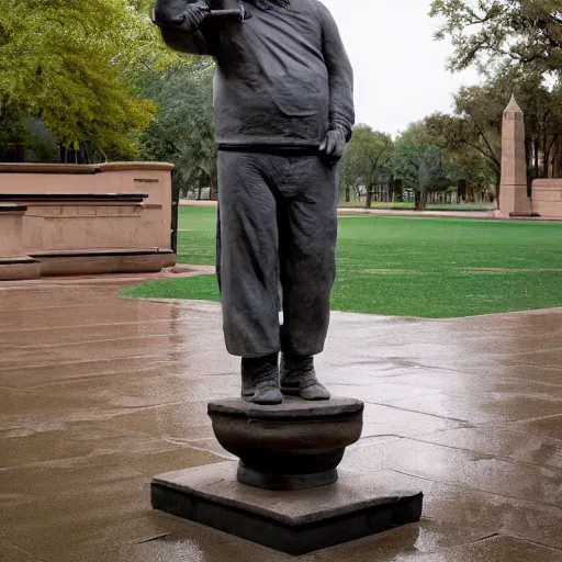 Prompt: A monumental, 10 feet tall sandstone sculpture of Guy Fieri standing, in the middle of a rainy courtyard, natural overcast lighting, museum catalog photography, F 2.8, 85mm Velvia 100, high DOF