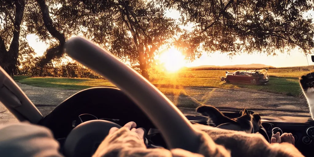 Prompt: birds eye view of convertible, cat homies chilling in car, paws on steering wheel, golden hour, clear sky