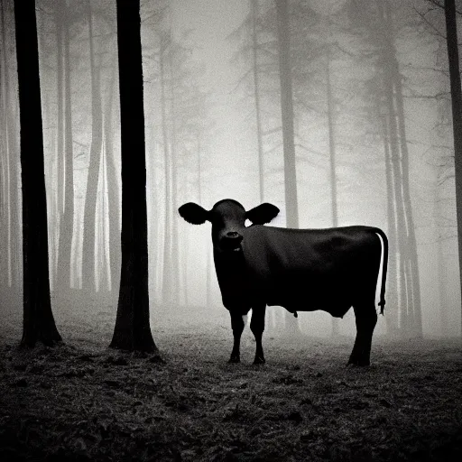 Image similar to low quality photograph of a cow looking at the camera at night, dark, creepy mood, dark forest, low lighting