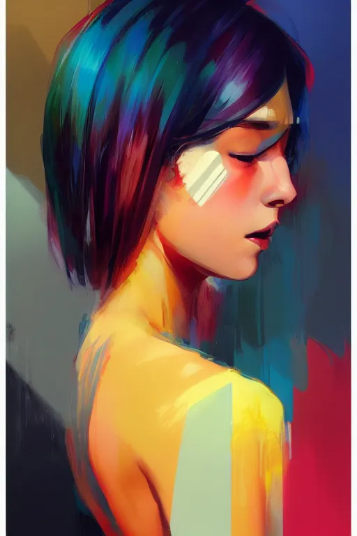 Image similar to half - circuits woman with cute - fine - face, pretty face, multicolored hair, realistic shaded perfect face, fine details by realistic shaded lighting poster by ilya kuvshinov katsuhiro otomo, magali villeneuve, artgerm, jeremy lipkin and michael garmash and rob rey