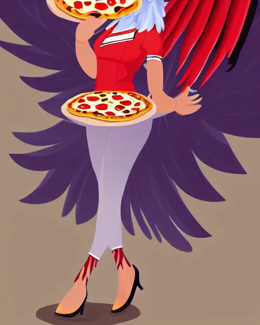 Prompt: female harpy as a pizza delivery woman, bird human hybrid with feathery bird arms and talon bird feet, holding a cardboard pizza box, wearing a pizza delivery uniform. feathers for hair, cute, dynamic character design, stunning, highly detailed digital illustration, crisp linework, top rated on artstation, stylized urban fantasy artwork