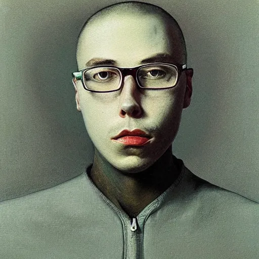 Prompt: beautiful portrait of anthony fantano, theneedledrop, painted by zdzislaw beksinski