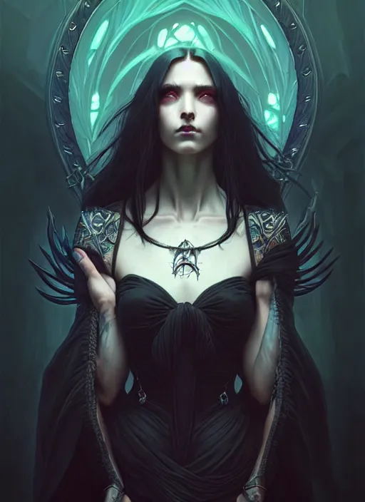 Image similar to Necromancer Sorceress, fantasy magic, undercut hairstyle, dark light night, intricate, elegant, sharp focus, illustration, highly detailed, digital painting, concept art, matte, art by WLOP and Artgerm and Greg Rutkowski and Alphonse Mucha, masterpiece