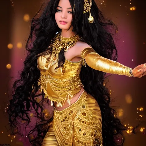 Image similar to aesthetic!!!!!! Female genie in Arabic clothing, black skin, long black hair, gold tint, frontal pose, super resolution, graphex camera!!!!!!!!!!!! Full-length view,