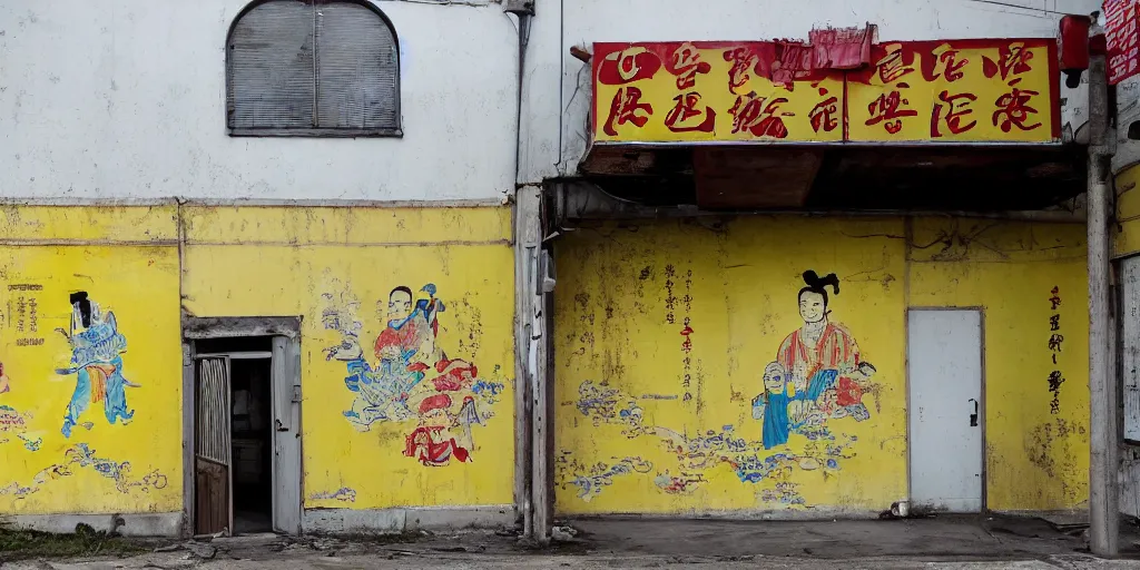 Prompt: an old and abandoned chinese restaurant with a sign saying chen chow and with a yellow wall mural saying open 2 4 hours