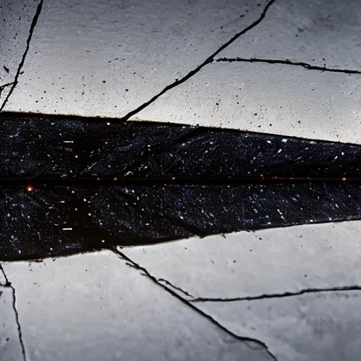 Prompt: close up of a puddle on asphalt reflecting the night sky, complex, high detail