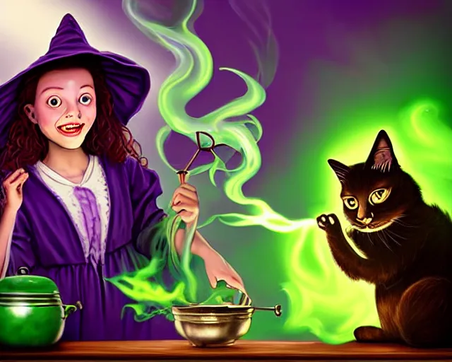 Image similar to close up portrait, happy teen witch and her cat mixing a spell in a cauldron, faint wispy green and purple smoke fills the air, a witch hat, cinematic, green glowing smoke is coming out of the cauldron, ingredients on the table, apothecary shelves in the background, scary stories to tell in the dark book cover, goosebumps