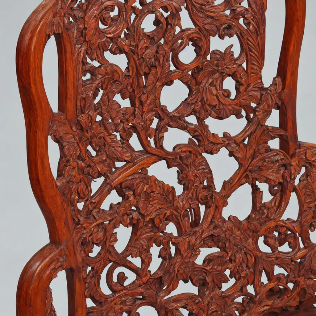 Image similar to a 3 d wooden mahogany art nouveau carved sculptural chair with a delicate multi - layer tracery pattern, intricate and highly detailed, well - lit, ornate, realistic, polished with visible wood grain