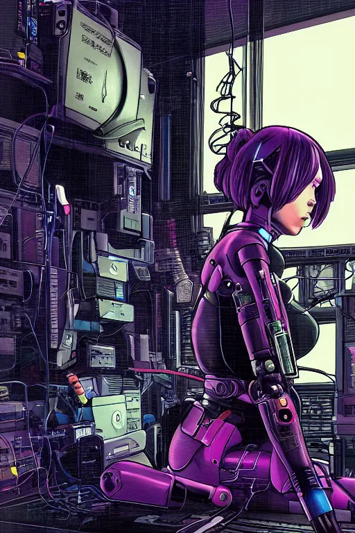 Image similar to cyberpunk illustration of female android motoko kusanagi seen from the side, seated in the lab, with wires and cables coming out of her head and back, by moebius, masamune shirow and katsuhiro otomo, colorful, detailed
