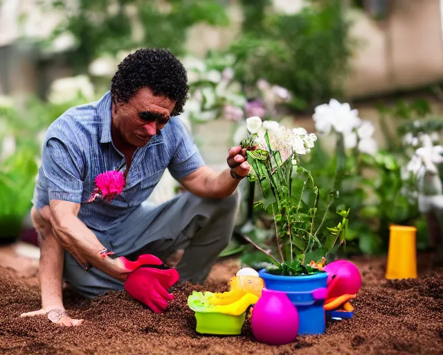 Image similar to 8 5 mm food photography of sylvester stalone playing with toys near a garden with sand with dof and bokeh and flowers o