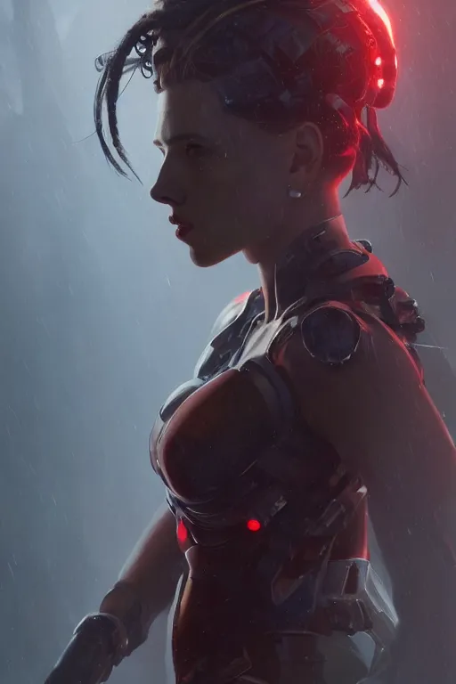 Image similar to a fancy portrait of a Scarlett Johansson cyborg by Greg Rutkowski, Sung Choi, Mitchell Mohrhauser, Maciej Kuciara, Johnson Ting, Maxim Verehin, Peter Konig, final fantasy , mythical, 8k photorealistic, cinematic lighting, HD, high details, atmospheric,