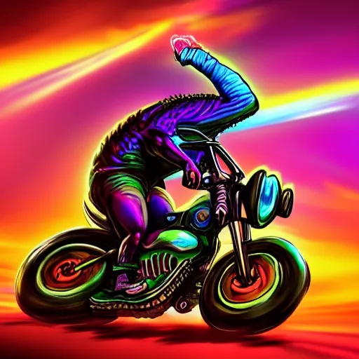 Image similar to colorful blacklight airbrush artwork, motorcycle, stylized action shot of an orc biker riding a motorcycle, drifting, skidding, wheelie, clear focused details, soft airbrushed artwork, black background, cgsociety, artstation