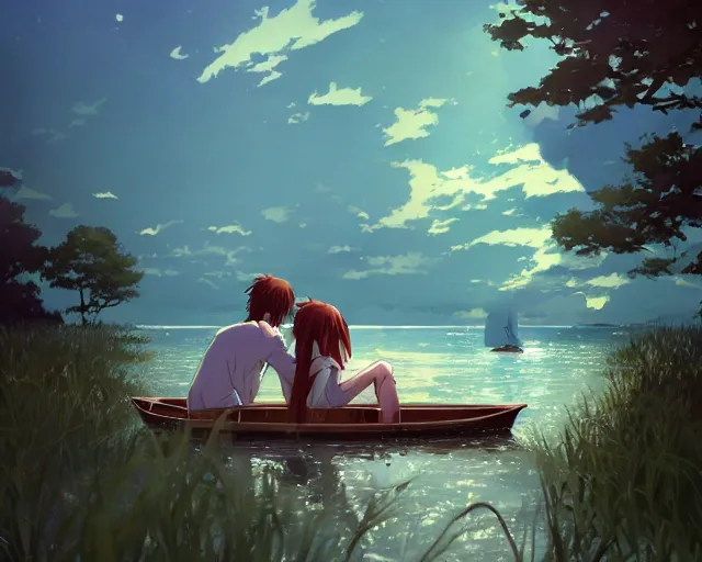 Image similar to one boy and one girl with long flowing auburn hair sitting together in a one single boat. Atmospheric lighting, long shot, romantic, boy and girl are the focus, trees, blue water. Anime. By Makoto Shinkai, Stanley Artgerm Lau, WLOP, Rossdraws, James Jean, Andrei Riabovitchev, Marc Simonetti, krenz cushart, Sakimichan, D&D trending on ArtStation, digital art.