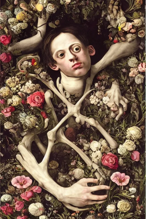 Prompt: a man lays in a bed of flowers and bones, he has large eyes and lips and feels an existential dread of love, HD Mixed media collage, highly detailed and intricate, surreal illustration in the style of Caravaggio, baroque dark art