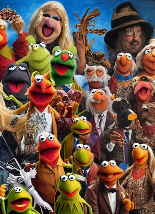 Image similar to a beautiful detailed, realistic painting in the style of bosch of the muppets, f 8, 4 k hd wallpaper