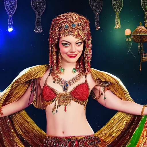 Prompt: a beautiful portrait of emma stone as a belly dancer, arabian night, high quality, fully detailed, 4 k