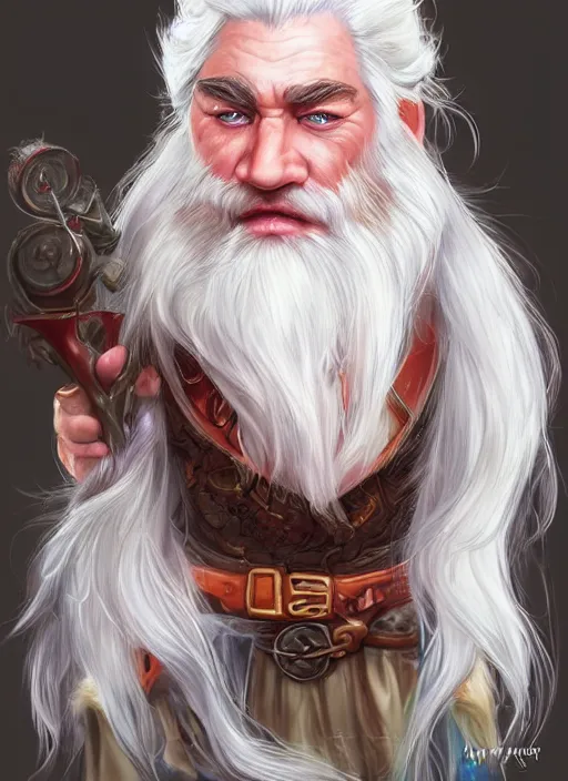 Prompt: dwarf with white hair, red iris, long beard, pale snow white skin, full body character portrait, colorful, highly detailed, digital art by artgerm concept art