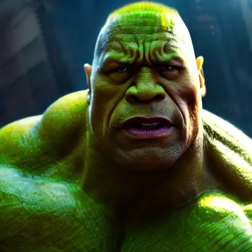 Image similar to dwayne johnson as hulk, marvel cinematic universe, mcu, 4 k, raw, unedited, green skin, symmetrical balance, in - frame,