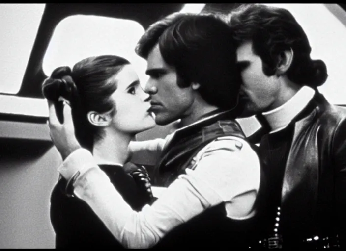 Prompt: screenshot of Han Solo dressed up as an imperial officer kissing Princess Leia Organa, iconic scene from 1970s thriller film directed by Stanley Kubrick, in a sci-fi shipping port, last jedi, 4k HD, cinematic lighting, beautiful portraits of Harrison Ford and Carrie Fischer, moody, stunning cinematography, anamorphic lenses, kodak color film stock