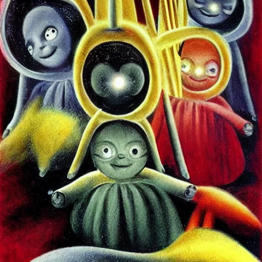 Prompt: Teletubbies by Remedios Varo