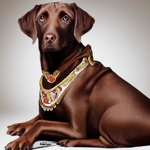 Prompt: a portait photo of a brown labrador female dog wearing princess clothes, hyperrealistic, high quality, high detail