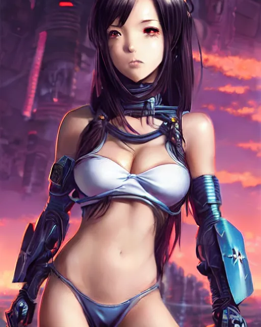Image similar to portrait Anime Girl in bikini armor cute-fine-face, pretty face, realistic shaded Perfect face, fine details. Anime. Warhammer, futuristic, cyberpunk realistic shaded lighting by katsuhiro otomo ghost-in-the-shell, magali villeneuve, artgerm, rutkowski Jeremy Lipkin and Giuseppe Dangelico Pino and Michael Garmash and Rob Rey