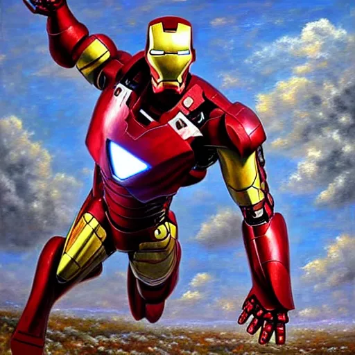 Image similar to photorealistic oil painting of a scrap built iron man suit flying in a post apocalyptic world