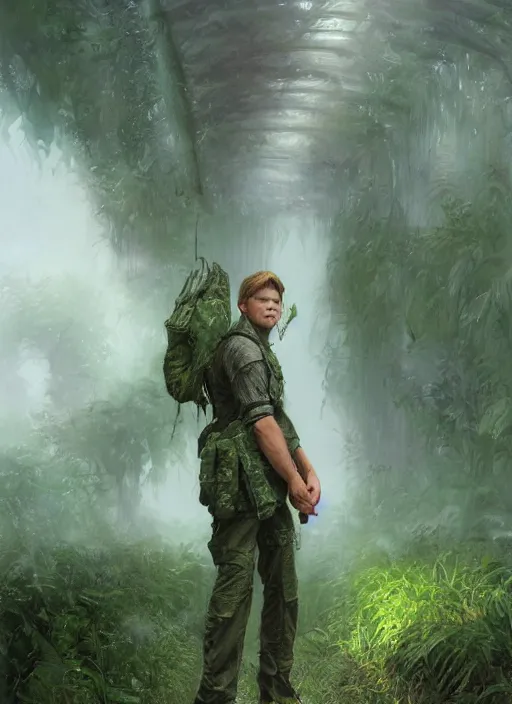 Image similar to portrait of a young richard dean anderson wearing a green combat uniform, in a post appocalyptic city overgrown by plants, by stanley artgerm lau, by wlop, by luis royo, by greg rutkowski, cover illustration, concept art, volumetric lighting, volumetric atmosphere, sharp focus, octane render, trending on artstation, 8 k