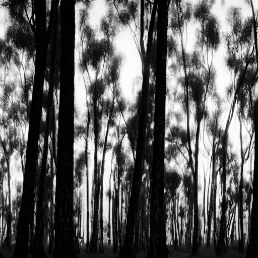 Image similar to long exposure photograph of eucalyptus trees, strong wind, back light, dslr, photographed by trent parke