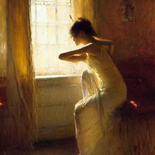 Prompt: portrait of a emotional dancer practicing alone, soft window light, long shadows, by gaston bussiere, jeremy mann.