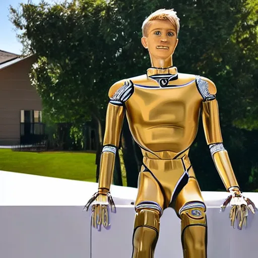 Image similar to a realistic detailed photo of a guy who is an attractive humanoid who is half robot and half humanoid, who is a male android, soccer player martin ødegaard, shiny skin, posing like a statue, blank stare, by the pool, on display, showing off his muscles, humanoid robot, frozen ice statue