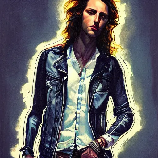 Prompt: in the style of Joshua Middleton art, beautiful young punk rock man, long curly brown hair, denim vest over leather jacket, symmetrical face, concept art, painting