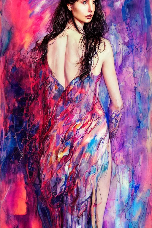 Image similar to gal gadot by agnes cecile enki bilal moebius, intricated details, 3 / 4 back view, full body portrait, extremely luminous bright design, pastel colours, drips, autumn lights