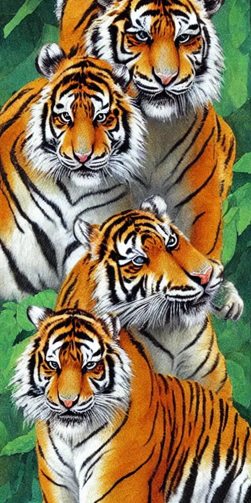 Image similar to greeting card, love, 2 beautiful siberian tigers, by tran nguyen, warm colors, cozy