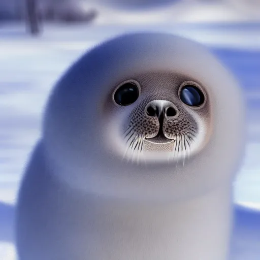 Prompt: photorealistic hd white fluffy baby harpy seal wearing a light blue winter hat, snowy, cold, arctic tundra, adorable