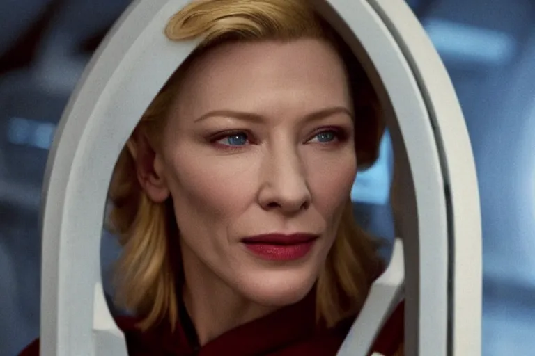 Image similar to cate blanchett on the bridge of a starship,retro, movie still