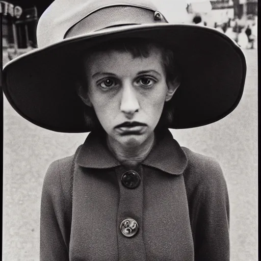 Prompt: high quality, high detail, ultra sharp photograph by diane arbus and vivian maier, hd, strange faces, intense fear of unknown, photorealistic lighting
