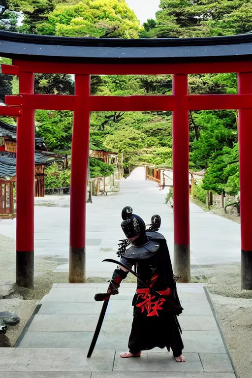 Prompt: a godlike and indomitable helmeted samurai wielding their Odachi before a large Torii gate, the very very very bright rising sun in the background. Photo realistic. Award winning